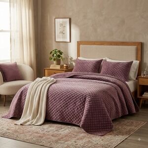 Zera Octa Purple 100% Velvet Quilt /Coverlet 3 Piece Set with Pillowcase Queen